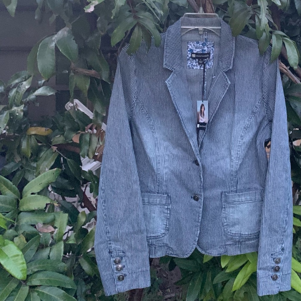 ✨⚡️💥Valerie Bertinelli Denim Jacket Womens Blue Vertical Railroad Stripe
